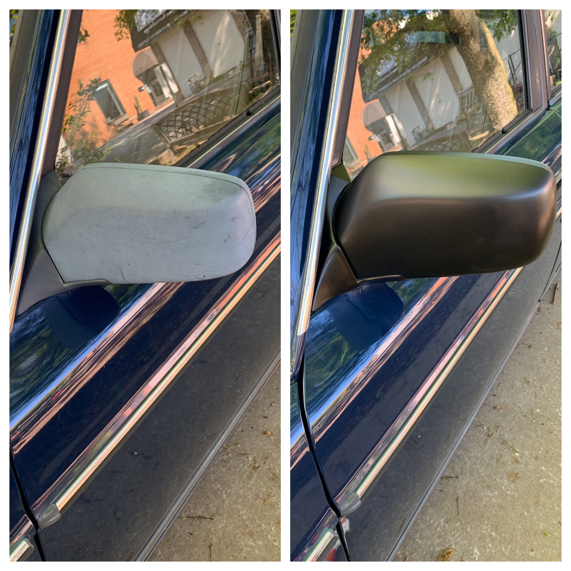 A black trim side mirror of a red car being restored and detailed