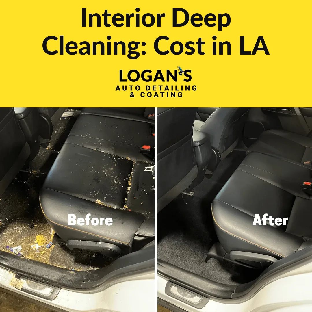 Before and after of a deep-cleaned black car interior — 2026 interior detailing cost guide for Los Angeles by Logan's Auto Detailing