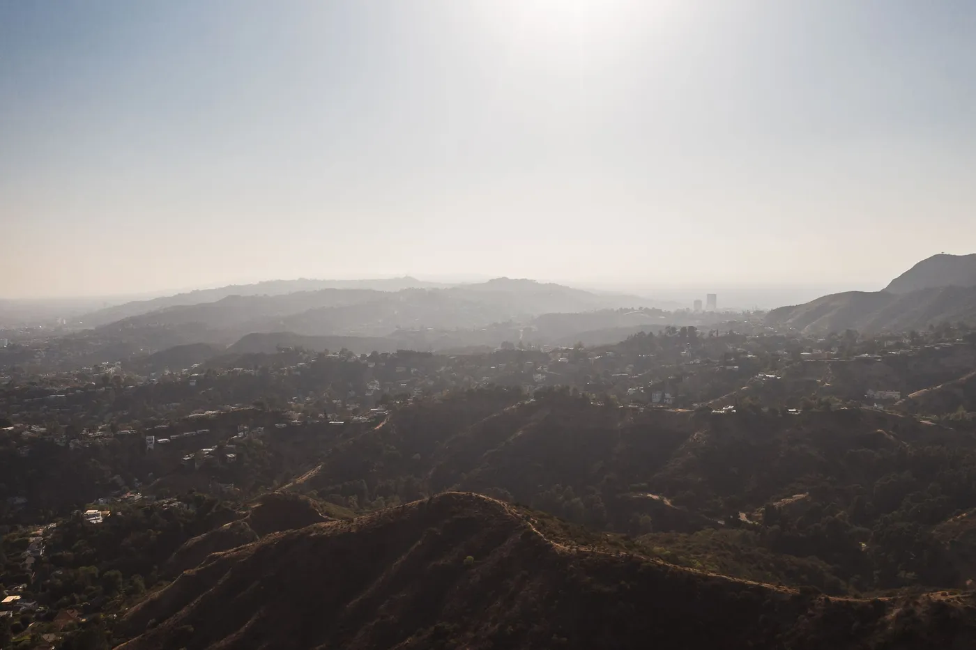 Hazy aerial view over the San Fernando Valley and its hillside neighborhoods
