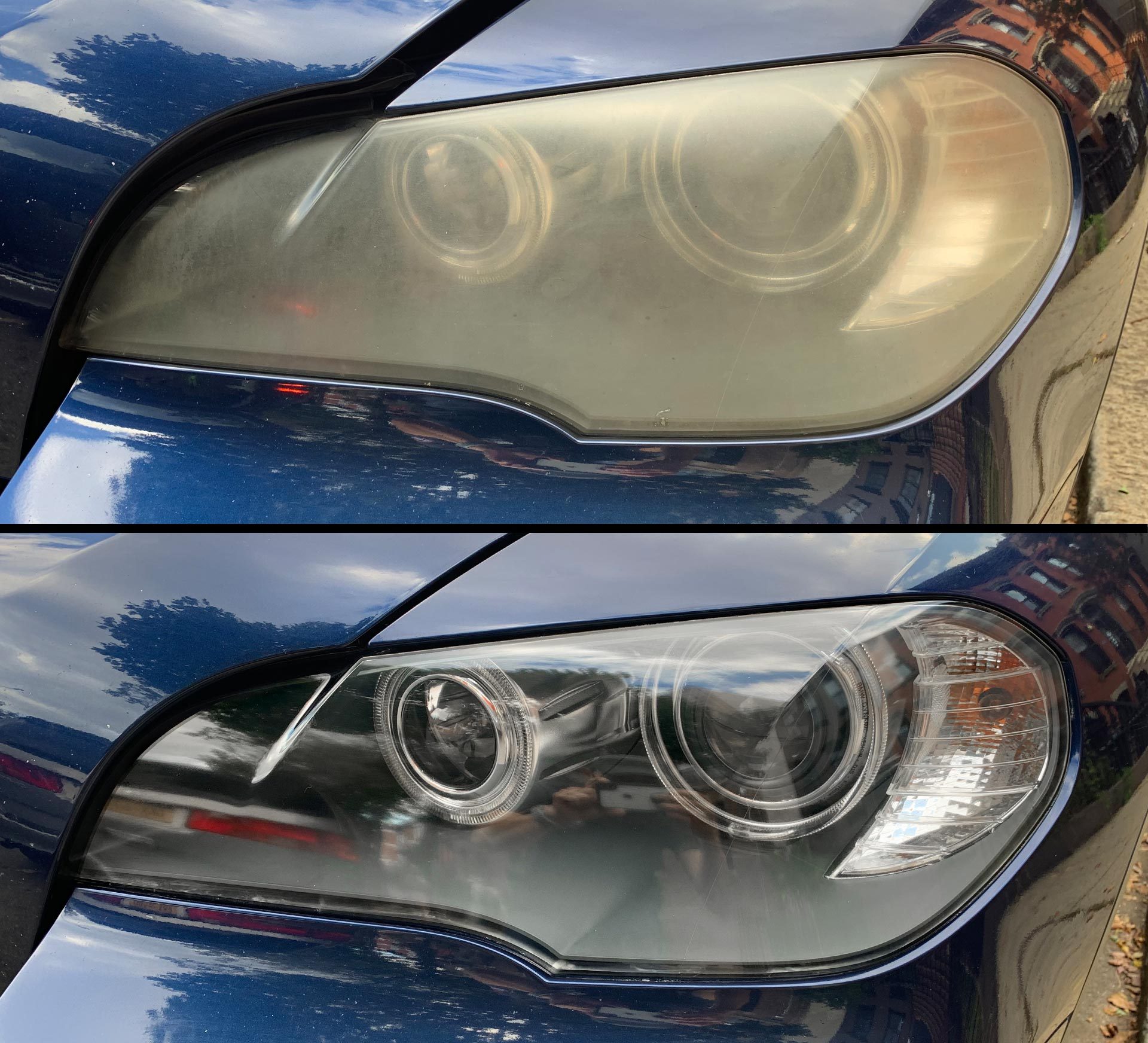 Headlight of a car before and after comparison