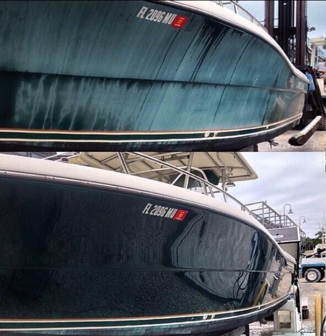 Before and After image of a boat being detailed